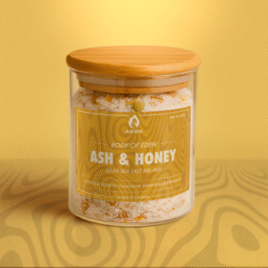 Jar of Ash & Honey dead sea salt spa mix.