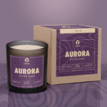 Classic candle - Aurora. A square box. Purple label.