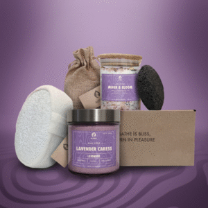 ALKIDO lavender spa gift set featuring 'Lavender Caress' body scrub, 'Moon & Bloom' bath salt, natural loofah, lava stone, and lavender sachet in eco linen bag, arranged with branded box on a purple background.