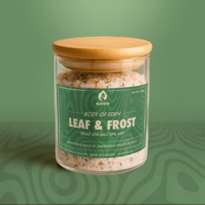 Jar of Leaf & Frost dead sea salt spa mix.
