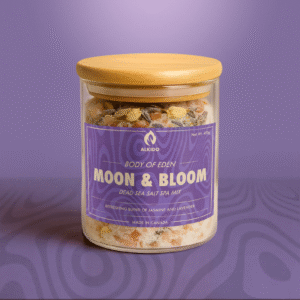 Jar of Moon & Bloom dead sea salt spa mix.