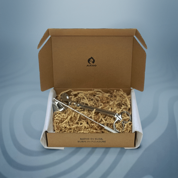 ALKIDO silver candle care kit — wick trimmer and snuffer — packaged in eco-friendly kraft box with wood shavings and tissue wrap, set against a cool blue background.