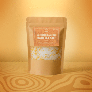 Mediterranean Bath Sea Salt Calendula in glass jar with floating petals