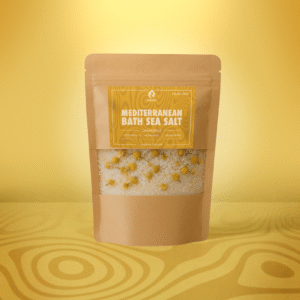 Mediterranean Bath Sea Salt Chamomile with whole dried flowers in glass jar