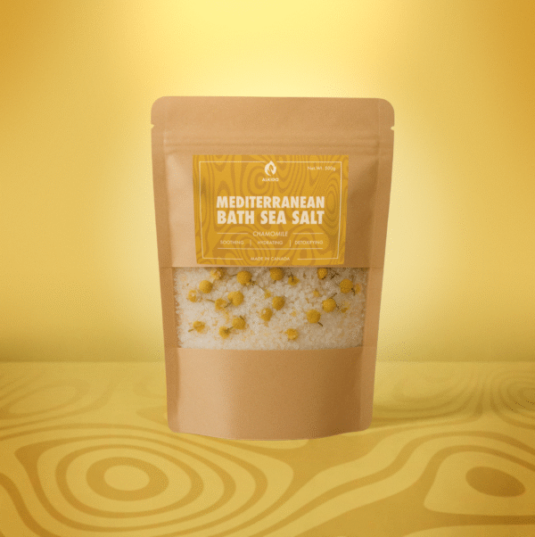 Mediterranean Bath Sea Salt Chamomile with whole dried flowers in glass jar