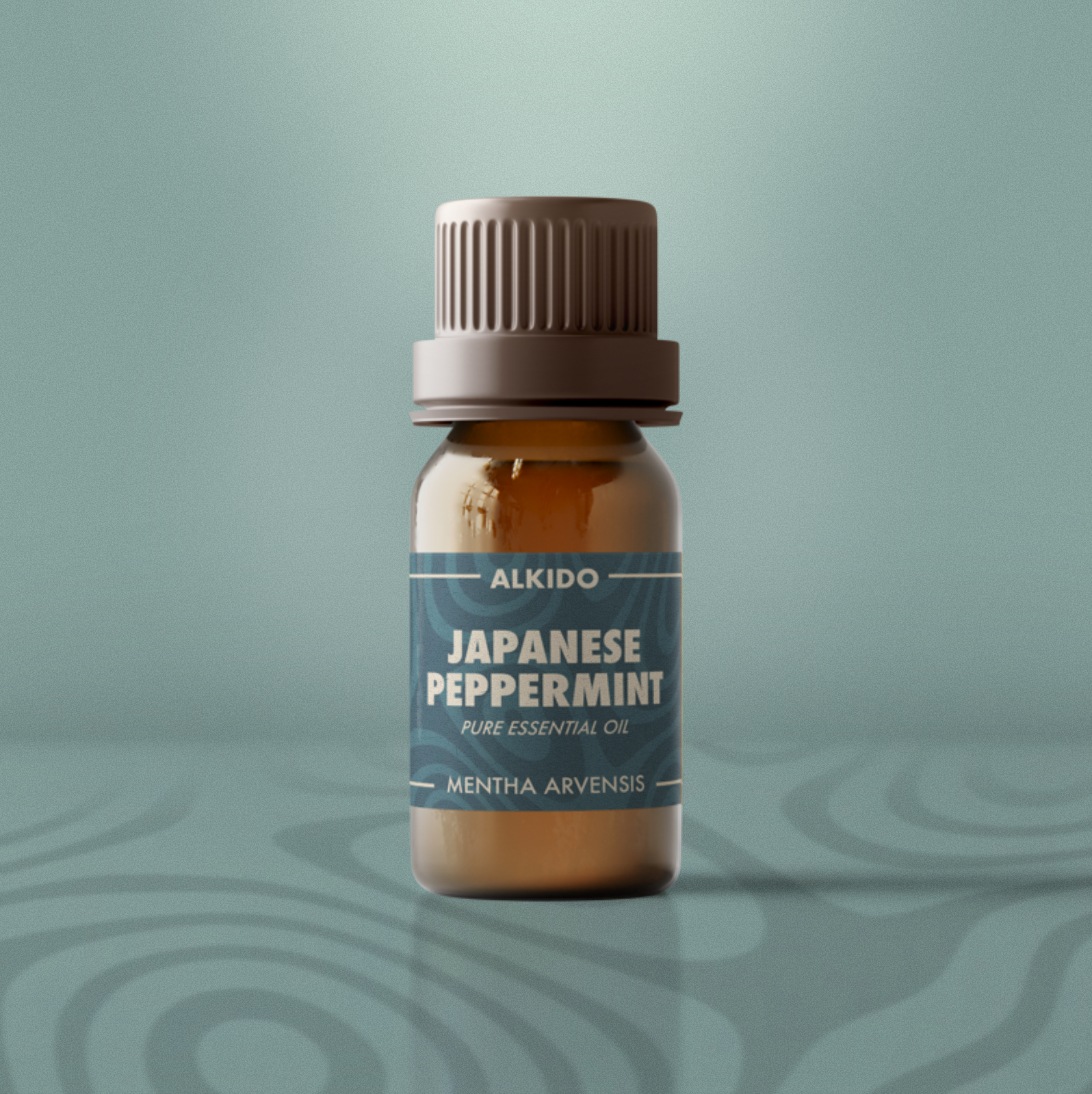 ALKIDO Japanese Peppermint Pure Essential Oil in amber 10ml bottle with ocean blue label on teal-toned background.