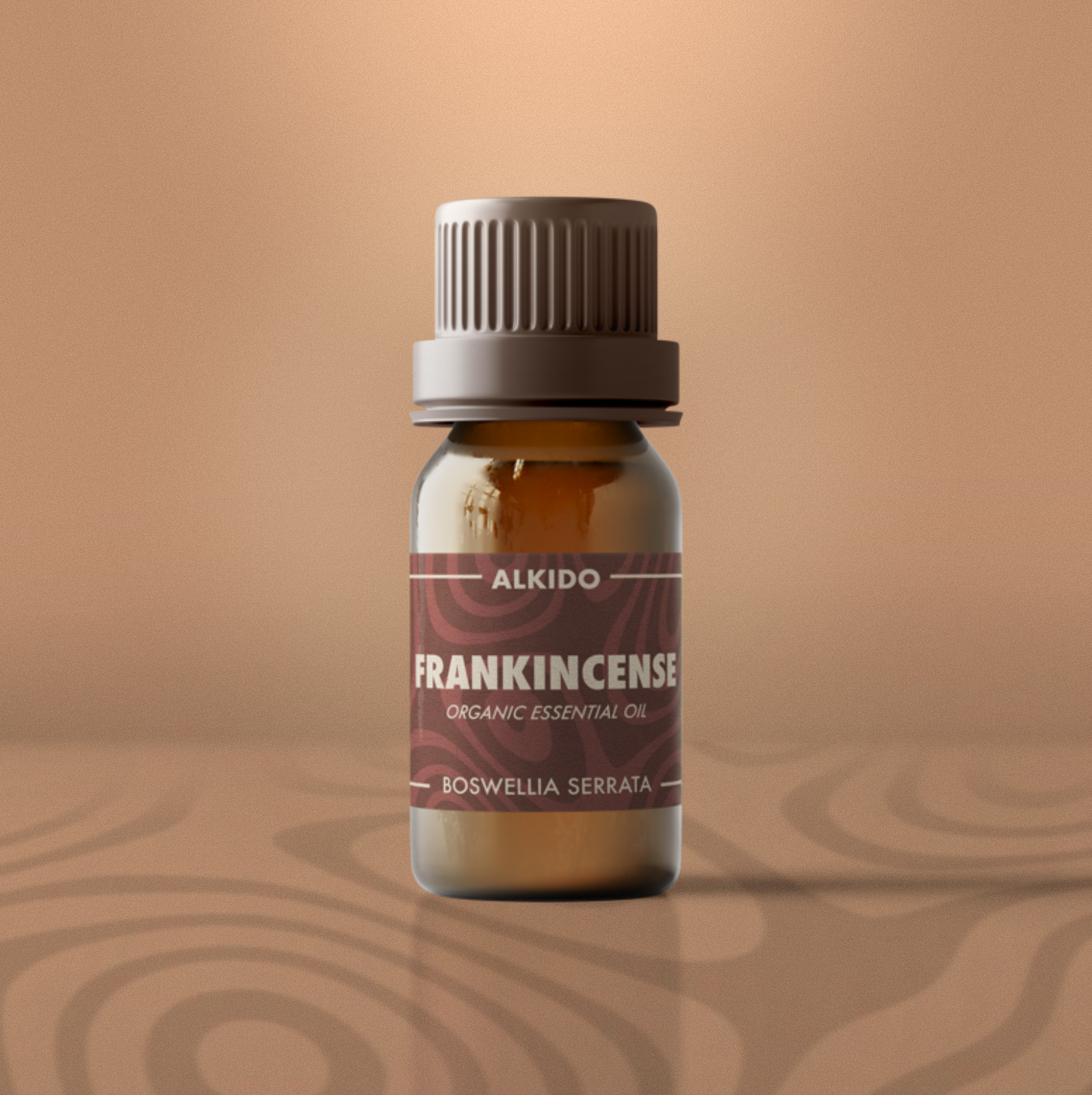 ALKIDO Frankincense Organic Essential Oil in amber 10ml bottle with deep red label on copper background.