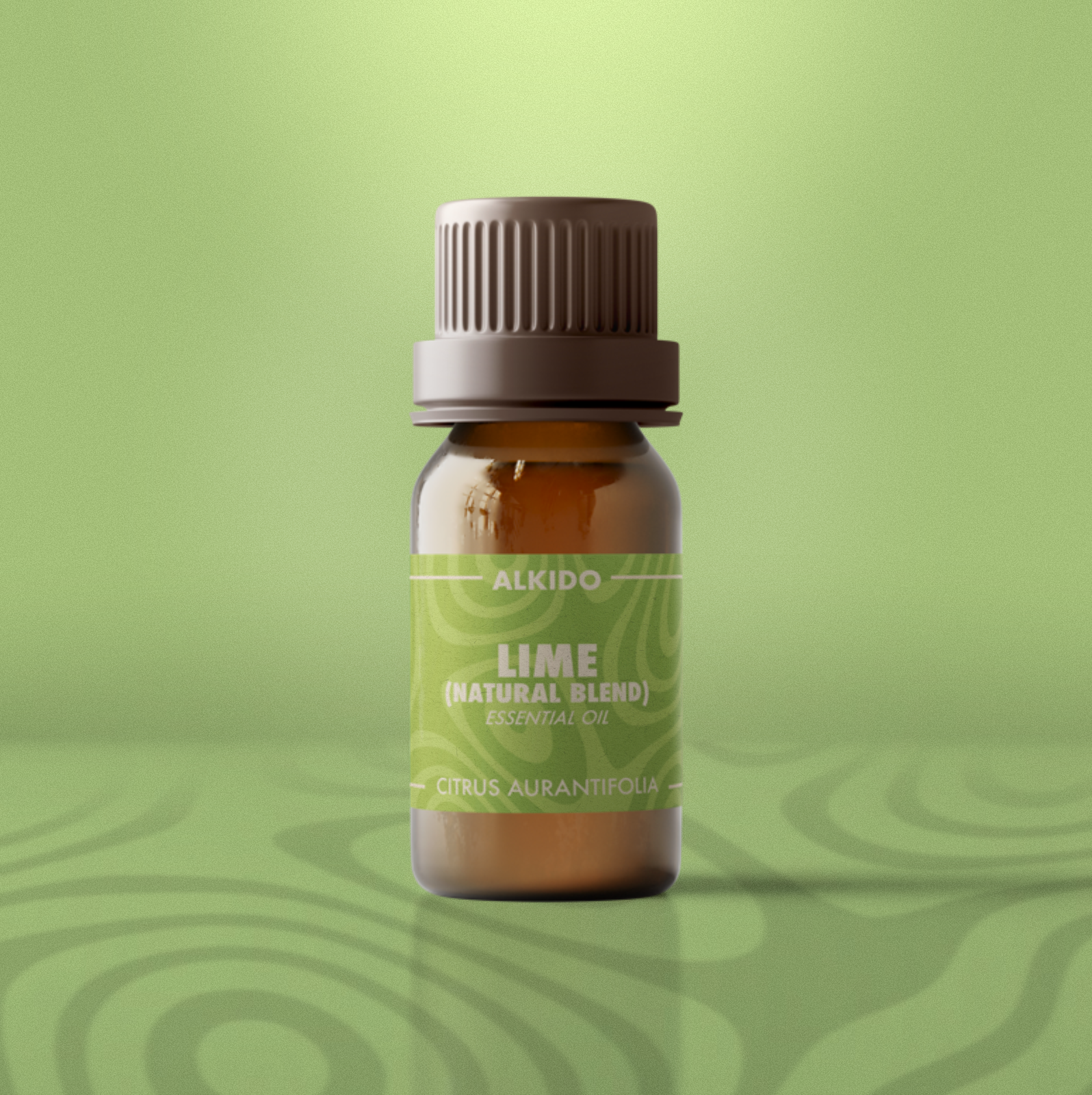 ALKIDO Lime Natural Blend Essential Oil in amber 10ml bottle with lime green label on gradient green background.