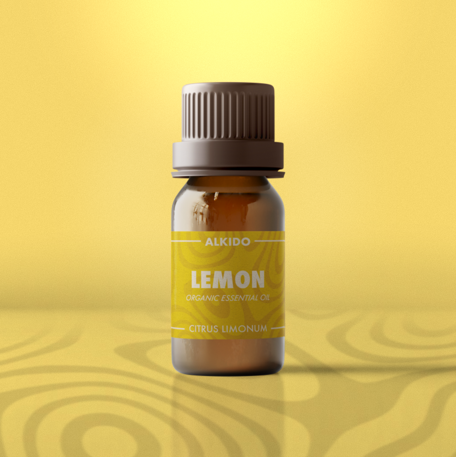 ALKIDO Lemon Organic Essential Oil in amber 10ml bottle with bright yellow label on warm yellow background.