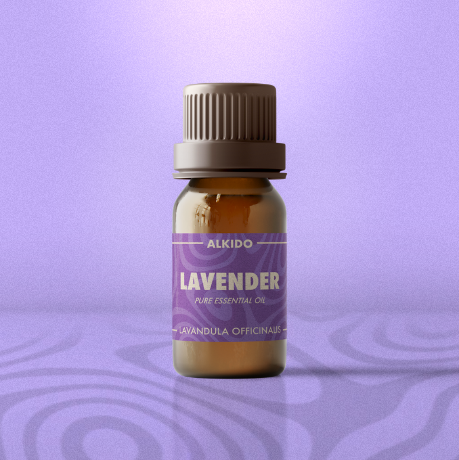 ALKIDO Lavender Pure Essential Oil in amber 10ml bottle with purple label on soft lavender background.