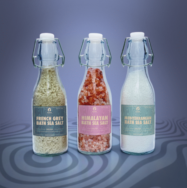 Original Bath Salt Set by ALKIDO – Floral bath trio with lavender, jasmine, and calendula in eco-glass bottles