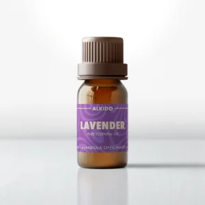 ALKIDO Lavender pure essential oil in an amber glass bottle with a green label and brown cap on a light background