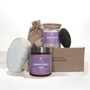 ALKIDO Lavender veil try it all set with scrub jar, bath sponge, lava stone, linen pouch, bath salt jar, and branded box on a light background