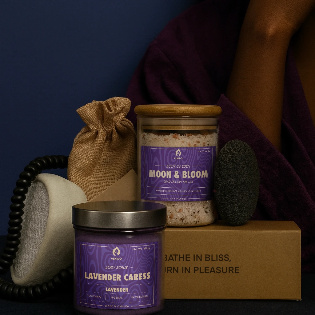 A set of a loofah, body scrub, spa mix, lava foot scrubber, linen sachet bag and a box.