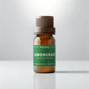 ALKIDO Lemongrass organic essential oil in an amber glass bottle with a green label and brown cap on a light background