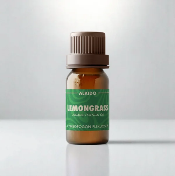 ALKIDO Lemongrass organic essential oil in an amber glass bottle with a green label and brown cap on a light background