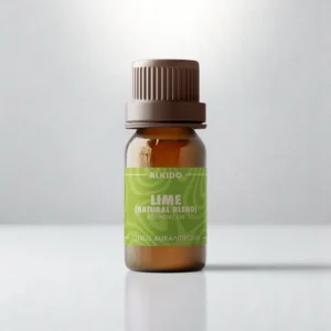 ALKIDO Lime natural blend essential oil in an amber glass bottle with a brown-red label and brown cap on a light background