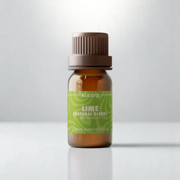 ALKIDO Lime natural blend essential oil in an amber glass bottle with a brown-red label and brown cap on a light background