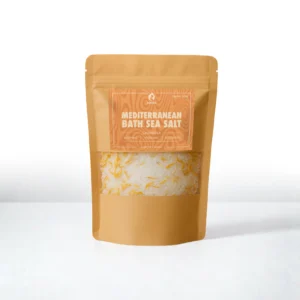 ALKIDO Mediterranean Bath Sea Salt calendula petals in a kraft pouch with an orange label on a light background
