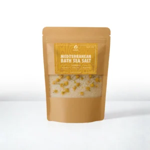 ALKIDO Mediterranean Bath Sea Salt chamomile petals in a kraft pouch with a yellow label on a light background