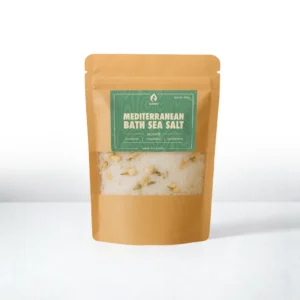 ALKIDO Mediterranean Bath Sea Salt jasmine petals in a kraft pouch with a green label on a light background