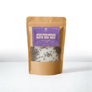 ALKIDO Mediterranean Bath Sea Salt – Lavender buds in a kraft pouch with a purple label on a light background