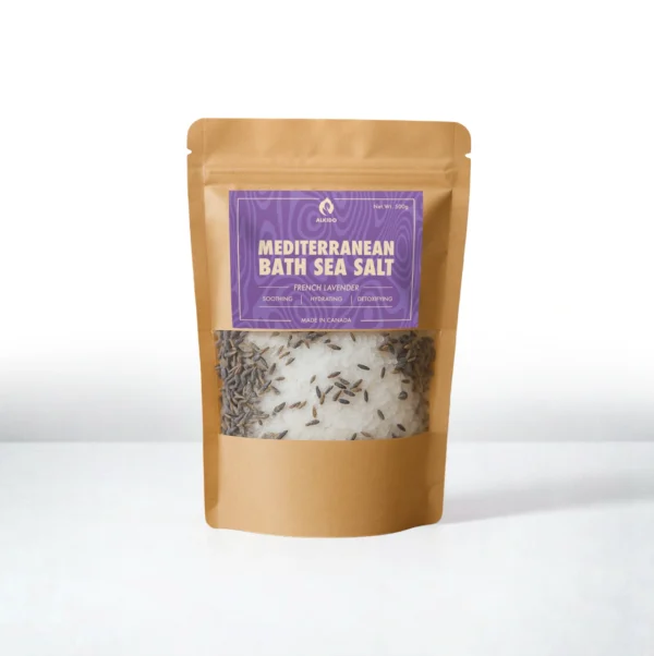 ALKIDO Mediterranean Bath Sea Salt – Lavender buds in a kraft pouch with a purple label on a light background
