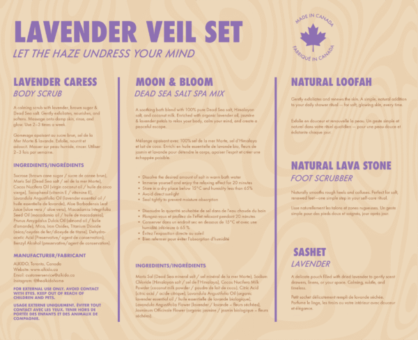 Lavender Veil Set product label by ALKIDO, featuring detailed descriptions and bilingual ingredient lists for a lavender body scrub (Lavender Caress), Dead Sea salt spa mix (Moon & Bloom), natural loofah, lava stone foot scrubber, and lavender sachet. Includes instructions, safety warnings, and branding with “Made in Canada” icon.