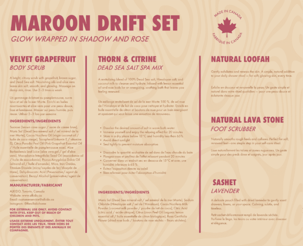 Maroon Drift Set label by ALKIDO, showcasing detailed bilingual descriptions and ingredients for the grapefruit body scrub (Velvet Grapefruit), Dead Sea salt spa mix (Thorn & Citrine), natural loofah, lava stone foot scrubber, and lavender sachet. Includes instructions for use, safety notes, and “Made in Canada” certification.