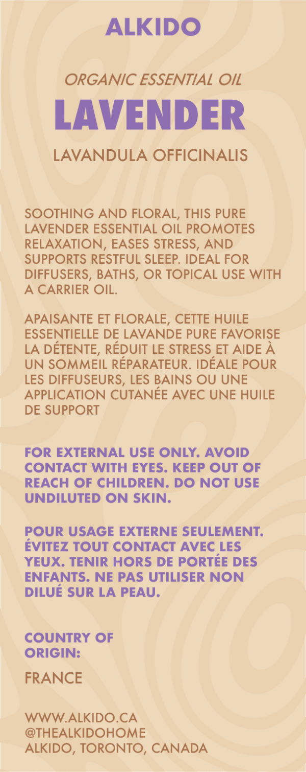 ALKIDO Lavender Organic Essential Oil label featuring bilingual English and French usage instructions, safety warnings, botanical name (Lavandula Officinalis), and product origin (France). Includes calming product benefits and branding details at the bottom.