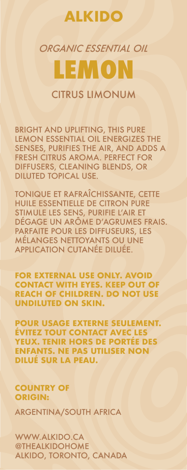 ALKIDO Lemon Organic Essential Oil label featuring safety instructions in English and French, benefits like energizing and purifying air, botanical name (Citrus Limonum), and country of origin listed as Argentina/South Africa. Designed with bright citrus branding.