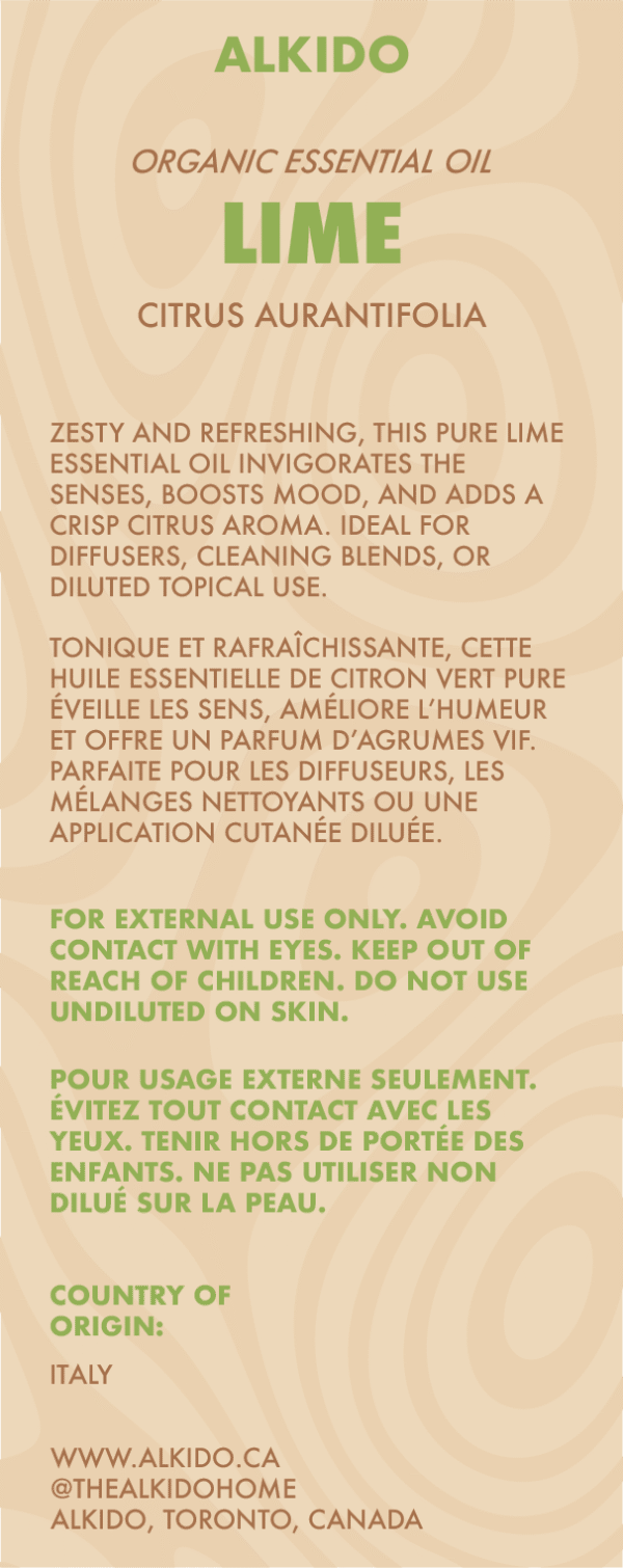 ALKIDO Lime Organic Essential Oil label featuring benefits for mood and freshness, with botanical name Citrus Aurantifolia, safety instructions in English and French, and country of origin Italy. Beige background with green and brown typography.