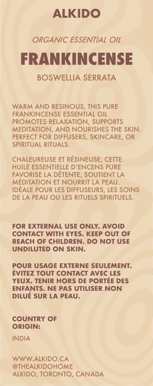 ALKIDO Frankincense Organic Essential Oil label with botanical name Boswellia Serrata, describing its use for relaxation, meditation, and skincare. Includes English and French safety warnings and lists India as the country of origin. Warm beige background with bold brown text.