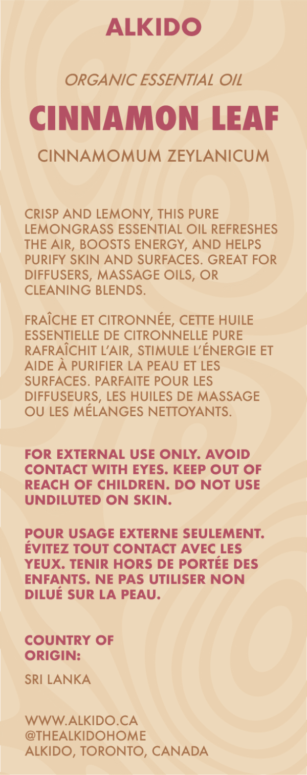 ALKIDO Cinnamon Leaf Organic Essential Oil label featuring botanical name Cinnamomum Zeylanicum. Describes its purifying and energizing benefits for diffusers, massage oils, or surface blends. Includes safety instructions in English and French. Country of origin listed as Sri Lanka. Background is beige with cinnamon-red accents.
