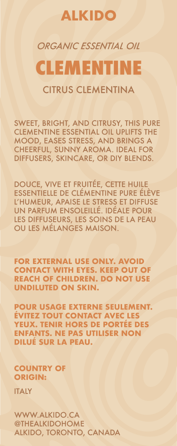 ALKIDO Clementine Organic Essential Oil label with botanical name Citrus Clementina. Highlights its cheerful, citrus aroma and mood-lifting benefits, suitable for diffusers, skincare, or DIY use. Bilingual English and French safety text included. Country of origin listed as Italy. Beige label with warm orange accents and modern branding.