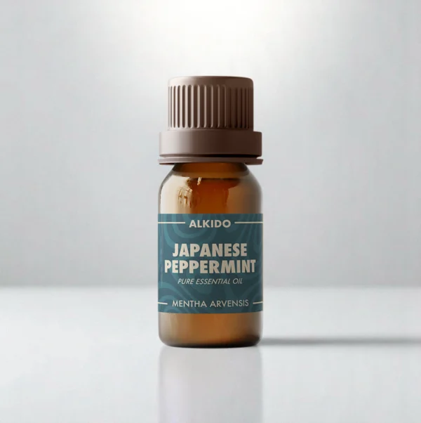 ALKIDO Japanese Peppermint pure essential oil in an amber glass bottle with a blue label and brown cap on a light background