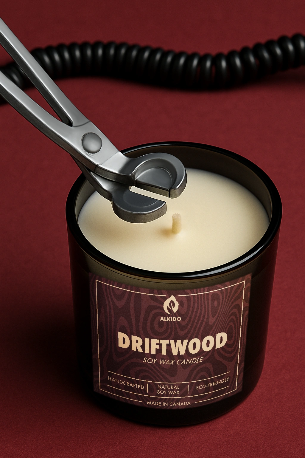 Candle wick trimmer, candle snuffer and a classic black candle.